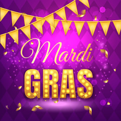 Vector typographical illustration of Mardi Gras beauty purple background with rhombus texture and gold festive flags, confetti. Celebration greeting card