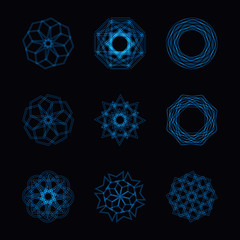 Abstract blue neon shape and fractal collection in vector