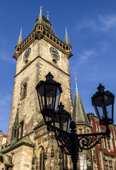 Fototapeta na wymiar Old lantern, background Old Town Hall. Prague, Czech Republic.