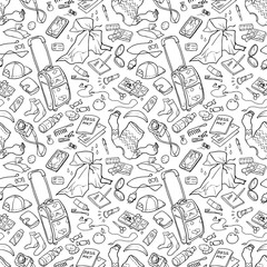 Illustration of different stuff for tours and trips. Seamless pattern for coloring. Black and white, anti-stress. Adult and children coloring books.
