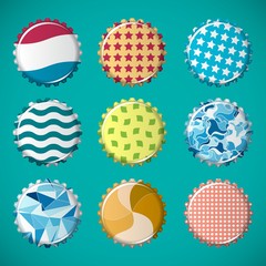 Vector illustration of colorful bottle caps set, decorated with