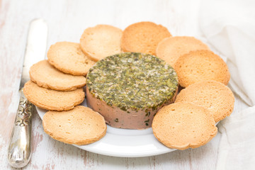 pate with toasts on white plate