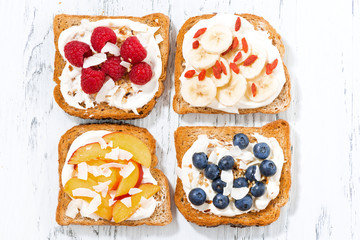 sweet toast with different toppings, top view