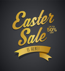 Golden Easter Sale is here text with ribbon on dark gradient bac