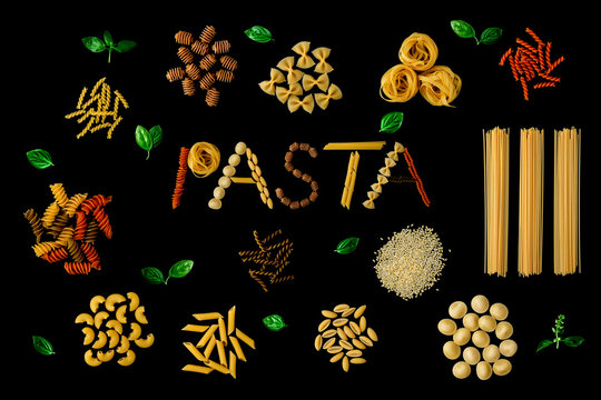 Italian food concept and menu design. Different kind of Pasta Fa