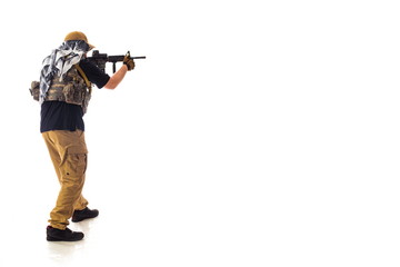 man in military outfit of the CIA, which is similar to the clothing of a warrior Mujahedin, in...