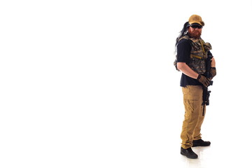 man in military outfit of the CIA, which is similar to the clothing of a warrior Mujahedin, in...