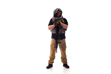 man in military outfit of the CIA, which is similar to the clothing of a warrior Mujahedin, in...