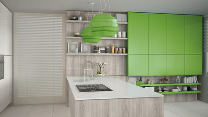 Minimalistic white kitchen with wooden and green details, minima