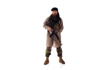 man in military outfit warrior Mujahedin in modern times on a white background in studio