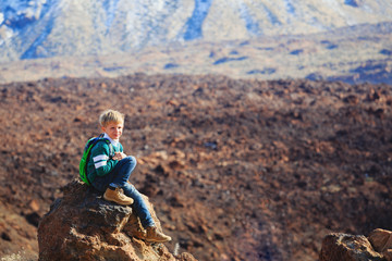 little boy travel hiking in Tenerife national park, Spain