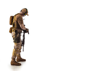 man military outfit a mercenary soldier in modern times on a white background in studio