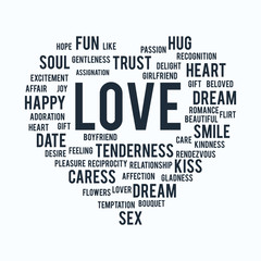 Words of love in shape of heart on white background.
