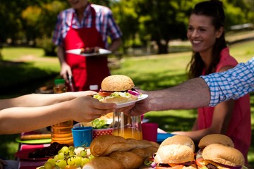 Father passing plate of burger to son in park