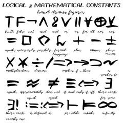 Hand drawn signs, written black figures of logical and mathematical constants in grunge technique. Vector illustration