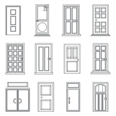 Lineart Old Doors Icons Set House Flat Design Isolated Vector Illustration
