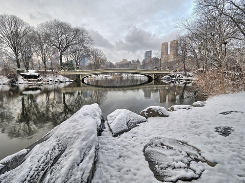 Bow bridge Central Park bow bridge after snow storm