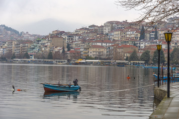 Fishing boats at the magnificent lake of Kastoria, Greece during - 136317753