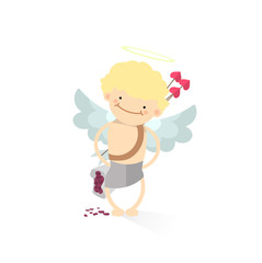 Flat cupid with roses. Cartoon character. Vector illustration