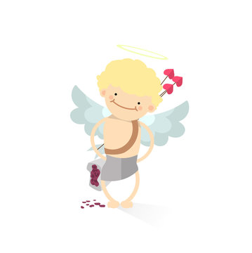 Flat cupid with roses. Cartoon character. Vector illustration