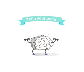 Creative cartoon brain concept. Doodle style. Thin line art flat design of brain for sport win with a ribbon