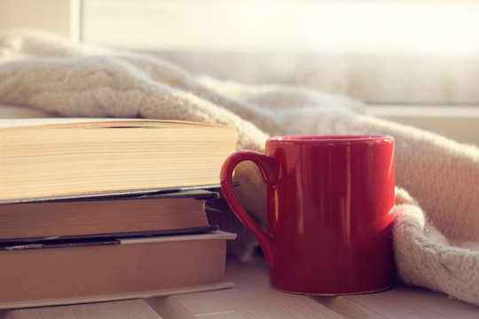 reading in a comfortable atmosphere/ red mug of hot drink and a stack of books with a warm blanket