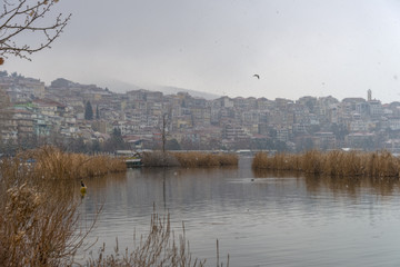 Foggy winter scenery at the lake of Kastoria Greece, during a he - 136320321