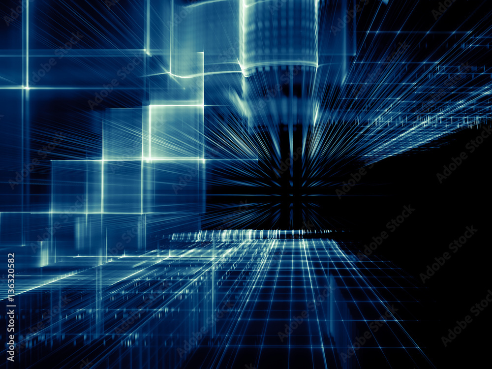 Poster Abstract background element. Fractal graphics series. Three-dimensional composition of intersecting grids and motion blur. Information technology concept.