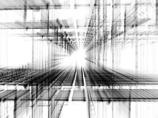 Abstract background element. Fractal graphics series. Three-dimensional composition of glowing artifacts. Information glitch concept. Black and white colors.