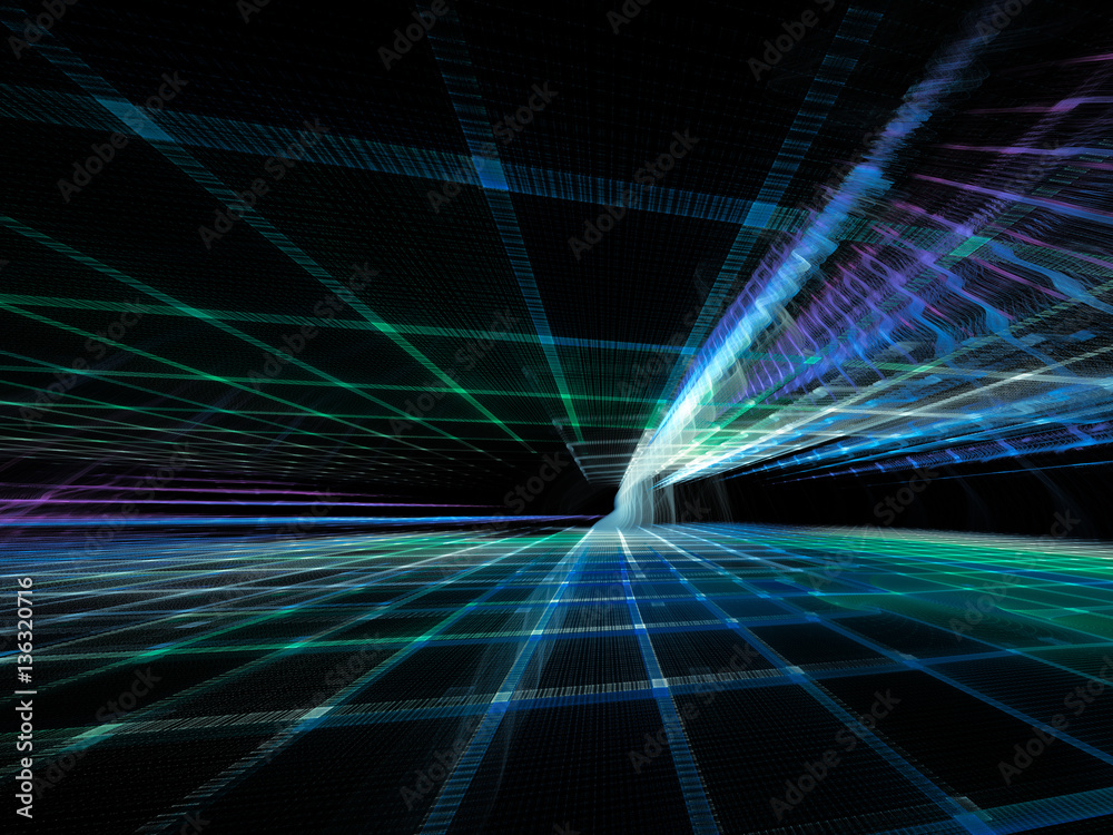 Poster abstract background element. three-dimensional composition of wave shapes, grids and beams. electron