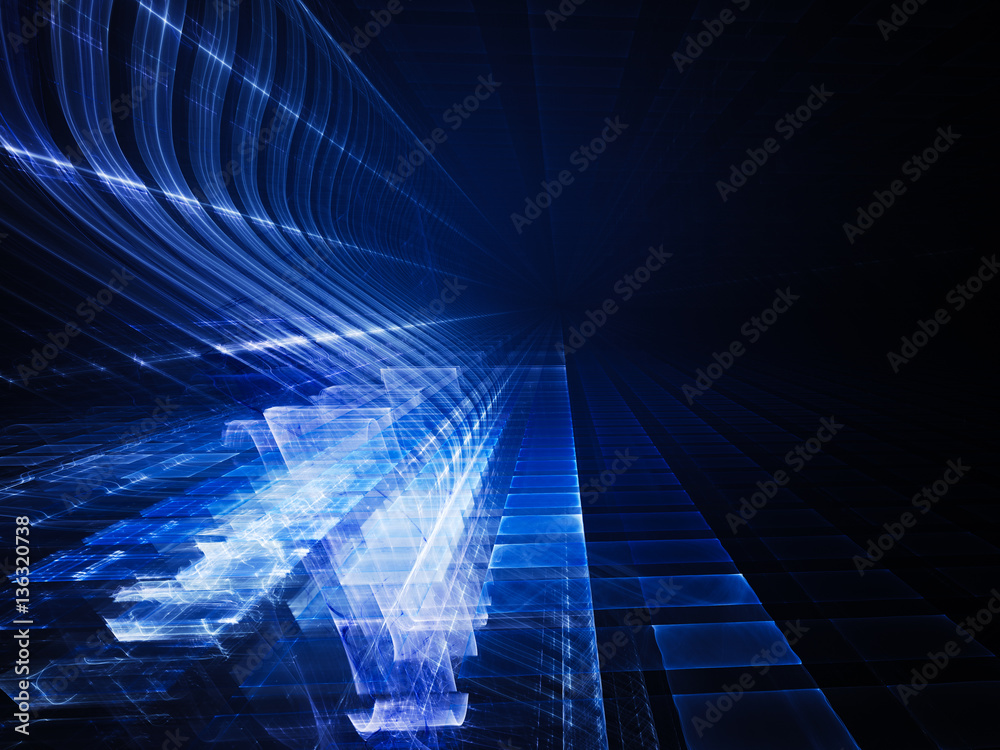 Poster abstract background element. fractal graphics. three-dimensional composition of glowing grids and wa