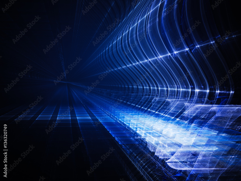 Poster abstract background element. fractal graphics. three-dimensional composition of glowing grids and wa
