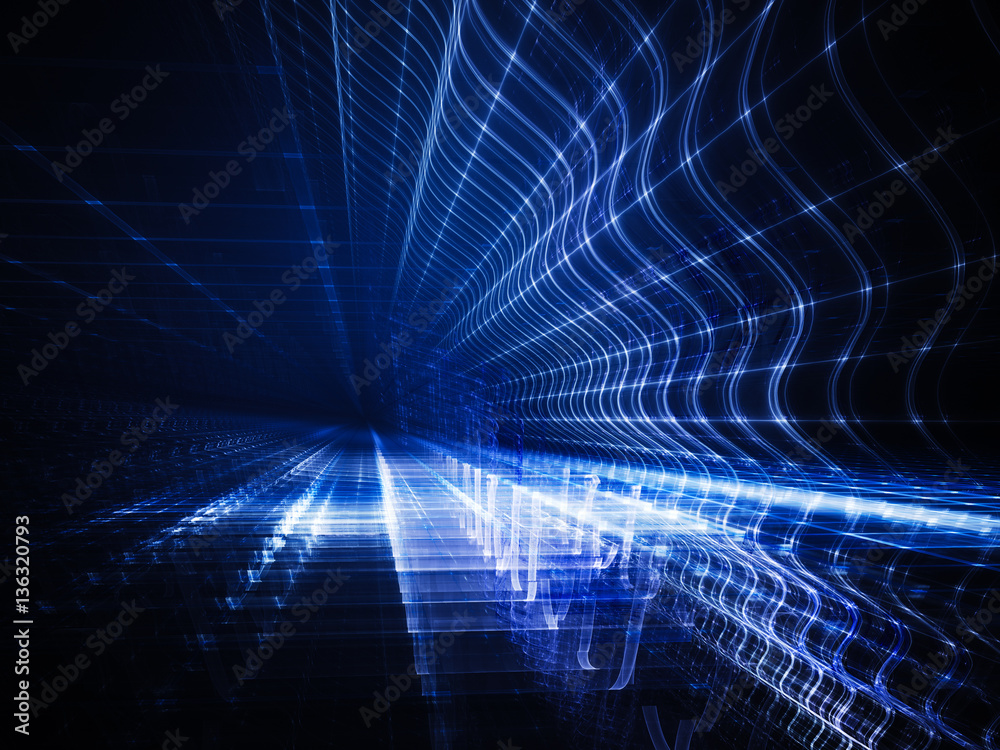 Poster abstract background element. fractal graphics. three-dimensional composition of glowing grids and wa