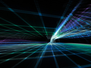 Fototapeta premium Abstract background element. Three-dimensional composition of wave shapes, grids and beams. Electronics and media concept. Blue and black colors.