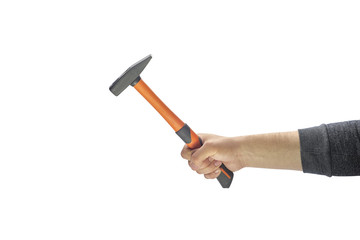 man's hand holding a hammer on a plain background