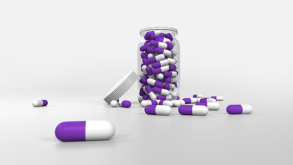 3D rendering of glass bottle with white and purple pills inside and more pills spread in the floor..