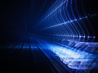 Abstract background element. Fractal graphics. Three-dimensional composition of glowing grids and wave forms. Information technology or science concept. Blue and black colors.