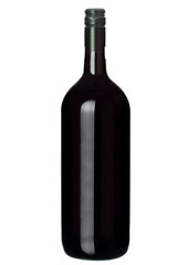 Glass bottle of wine  with a black neck without label.