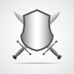 Shield and swords in flat design. Vector illustration.