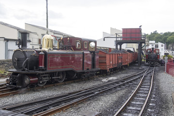 Fototapeta na wymiar Narrow Gauge Steam Loco Taliesin, Sits with a coal train as David Lloyd George recieves attention in the sidings.