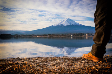 traveler stand to see mountain fuji and kawaguchiko lake - can use to display or montage on product