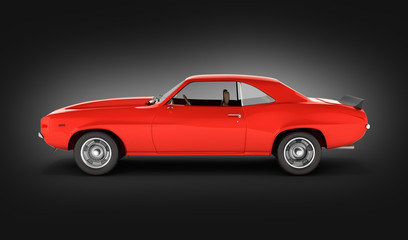 Muscle car side view on black gradient background 3d