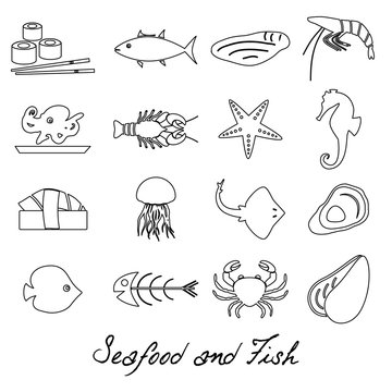seafood and fish food set of simple outline icons eps10