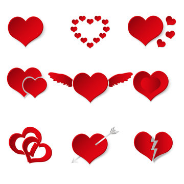 set of red paper style valentine hearth love symbols eps10