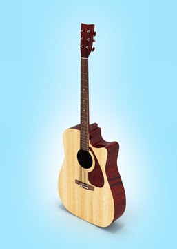 Acoustic guitar perspective view on blue gradient background 3d