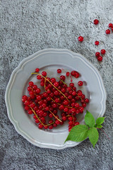 Berries red currants on a plate. View from above.