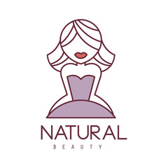 Natural Beauty Salon Hand Drawn Cartoon Outlined Sign Design Template With Blond Girl With Short Hair In Violet Dress
