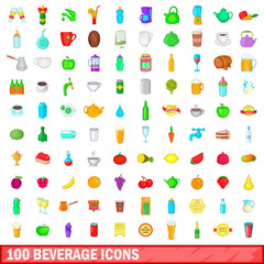 100 beverage icons set, cartoon style