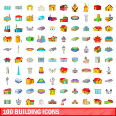 100 building icons set, cartoon style