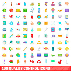 100 quality control icons set, cartoon style